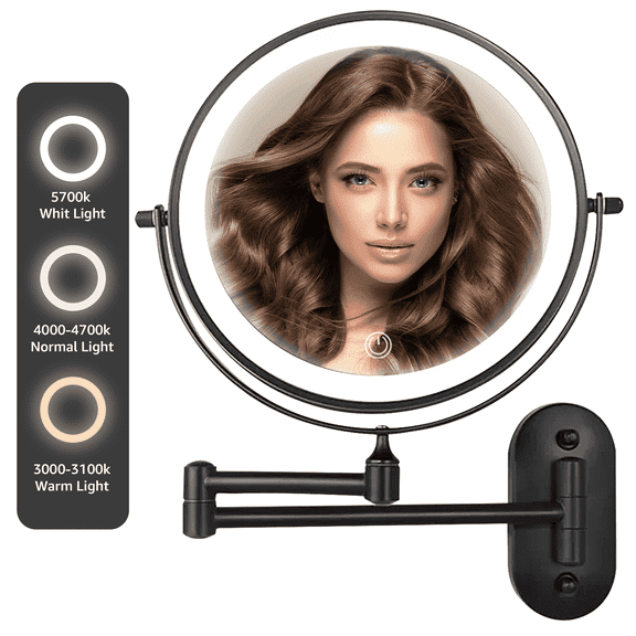 Rechargeable LED Lighted Wall Mount Makeup Mirror with 3 Color Lighting, 360° Swivel, Extendable Arm, Magnifying Vanity Mirror