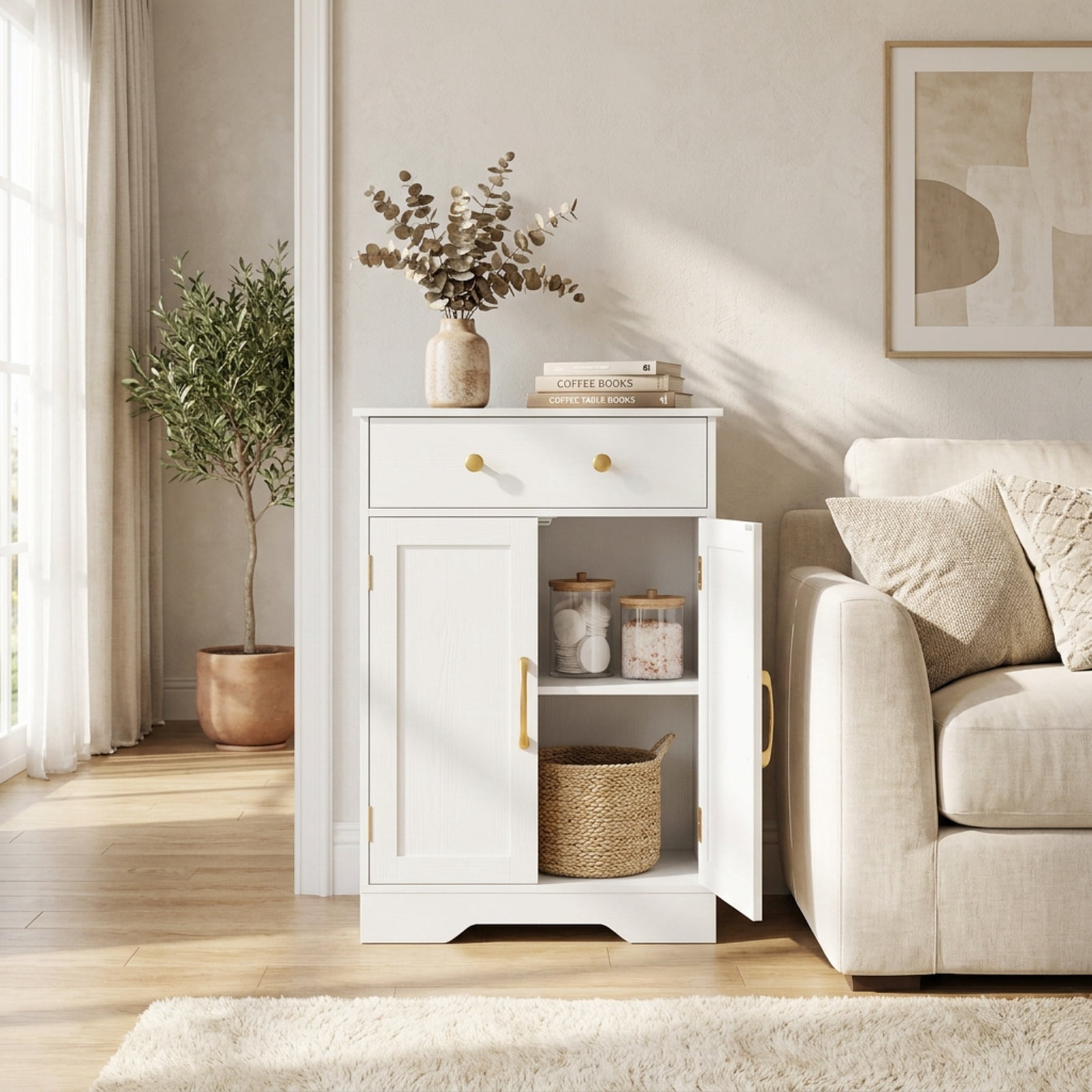 Vebreda Freestanding Floor Storage Cabinet with 2 Doors, Drawer & Adjustable Shelf, Modern Buffet Sideboard Organizer with Gold Knobs for Bathroom Living Room Dining Room, White