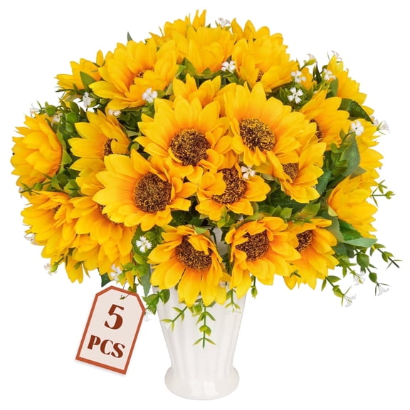 Scidweet 5 Bundles Artificial Sunflower Bouquets, Faux Fake Silk Flowers for Indoor Outdoor Spring Summer Party Table Wedding Home Decor