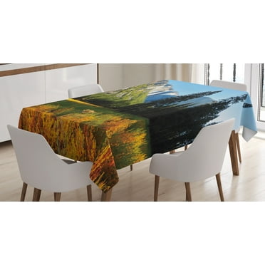 Ambesonne Nature Tablecloth Rectangular Table Cover, Birds over Mountains, 52"x70", Orange Blue Green