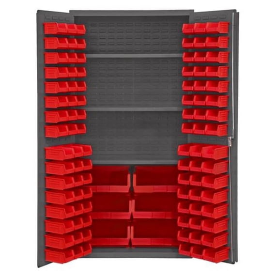 Durham 3501-BDLP-102-3S-1795 14 Gauge Flush Door Style Lockable Cabinet with 102 Red Hook on Bins & 3 Adjustable Shelves, Gray - 36 in.