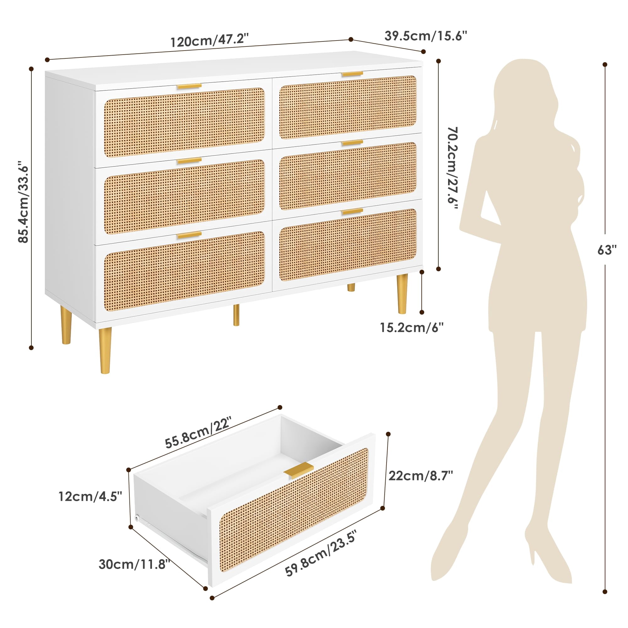 Senfot 6 Drawer Dresser for Bedroom, Large Modern Double Dresser for Closet with Wide Top, Rattan Chest of Drawers with Deep Drawers, Horizontal Wooden Dresser for Hallway, Living Room, White