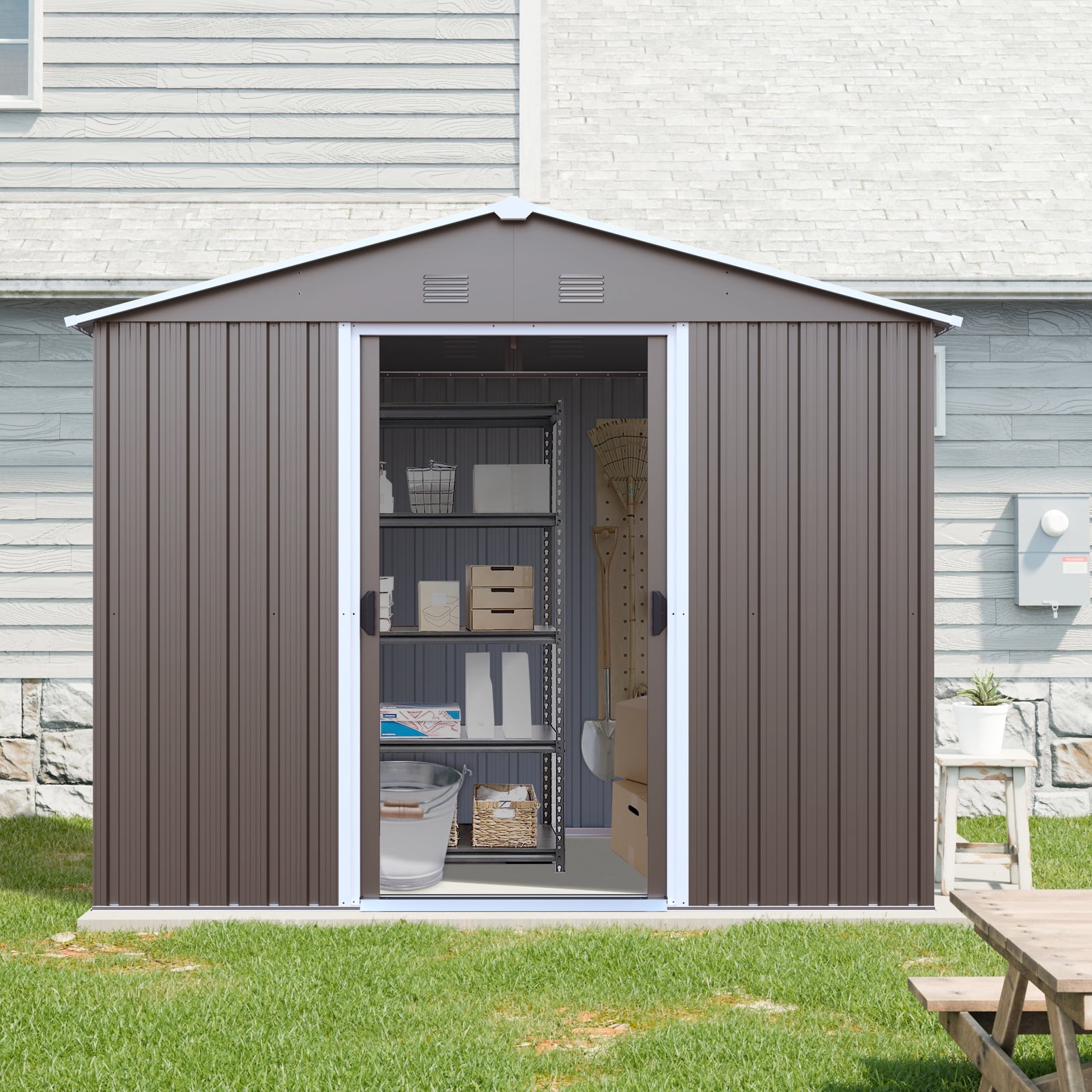 Olurrisa 8x4ft Gray Outdoor Metal Storage Shed with Metal Foundation, Galvanized Steel Lockable Shed with Sliding Doors