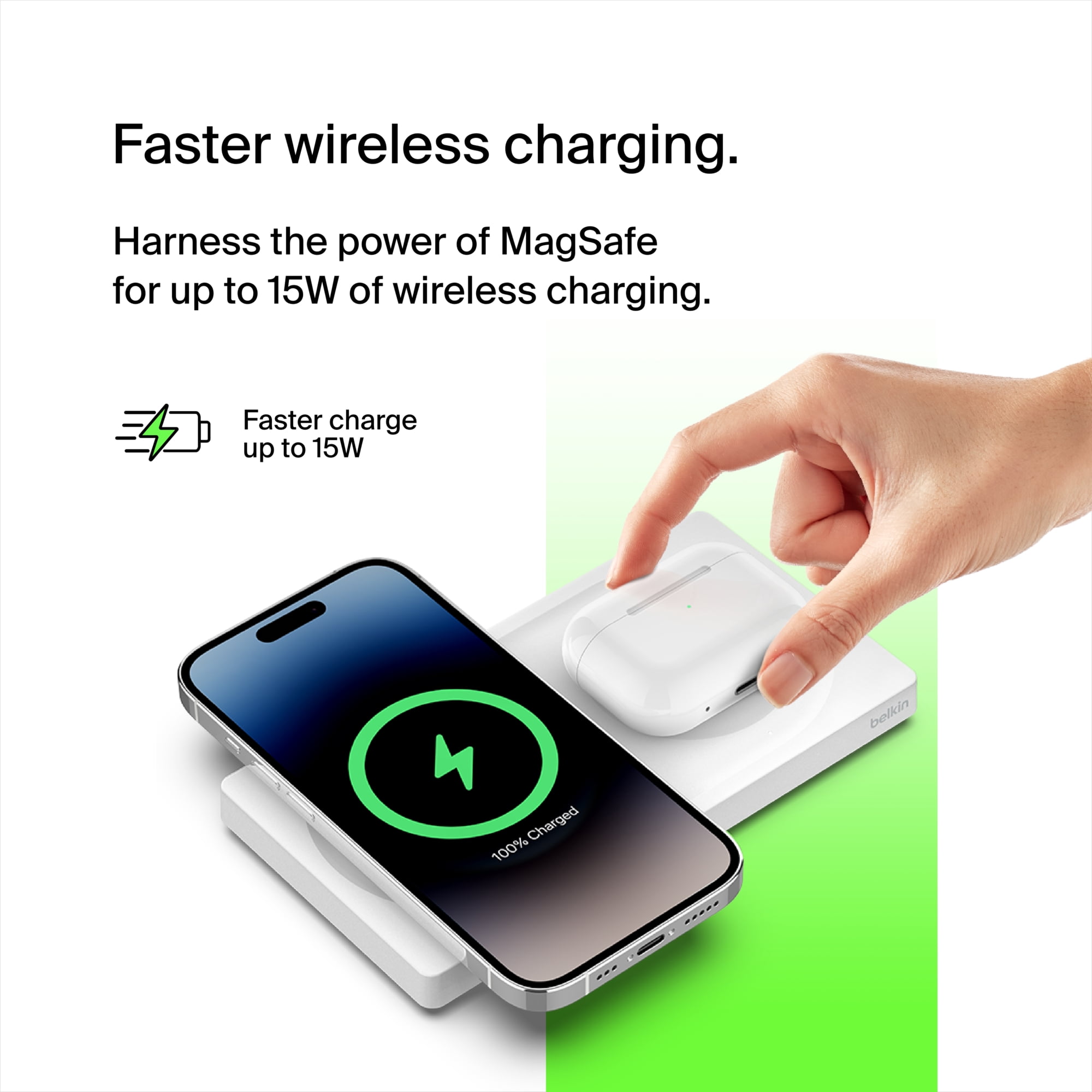 Belkin BoostCharge Pro 2-in-1 Wireless Charging Pad with MagSafe 15W, Fast Charging iPhone Charger Compatible with iPhone 15, 14, 13, and 12 Series, AirPods, and Other MagSafe Enabled Devices - White