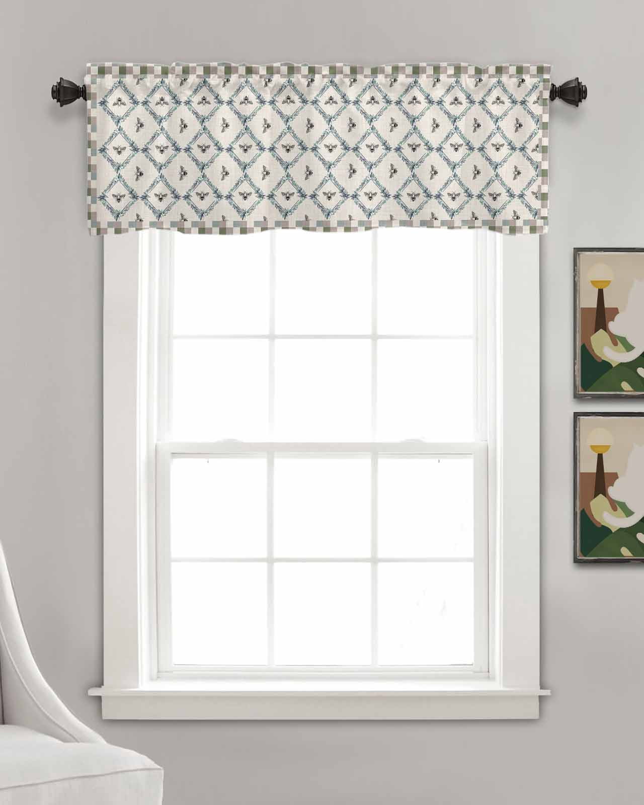 Botanical Bee Linen Curtain Valance for Bedroom/Bathroom/Kitchen/Office/Living/Dining Room Window,Teal Blue Grey Buffalo Farmhouse Plaid Pocket Topper Drapes Decorative Cafe Drapery Panel 54"x18"
