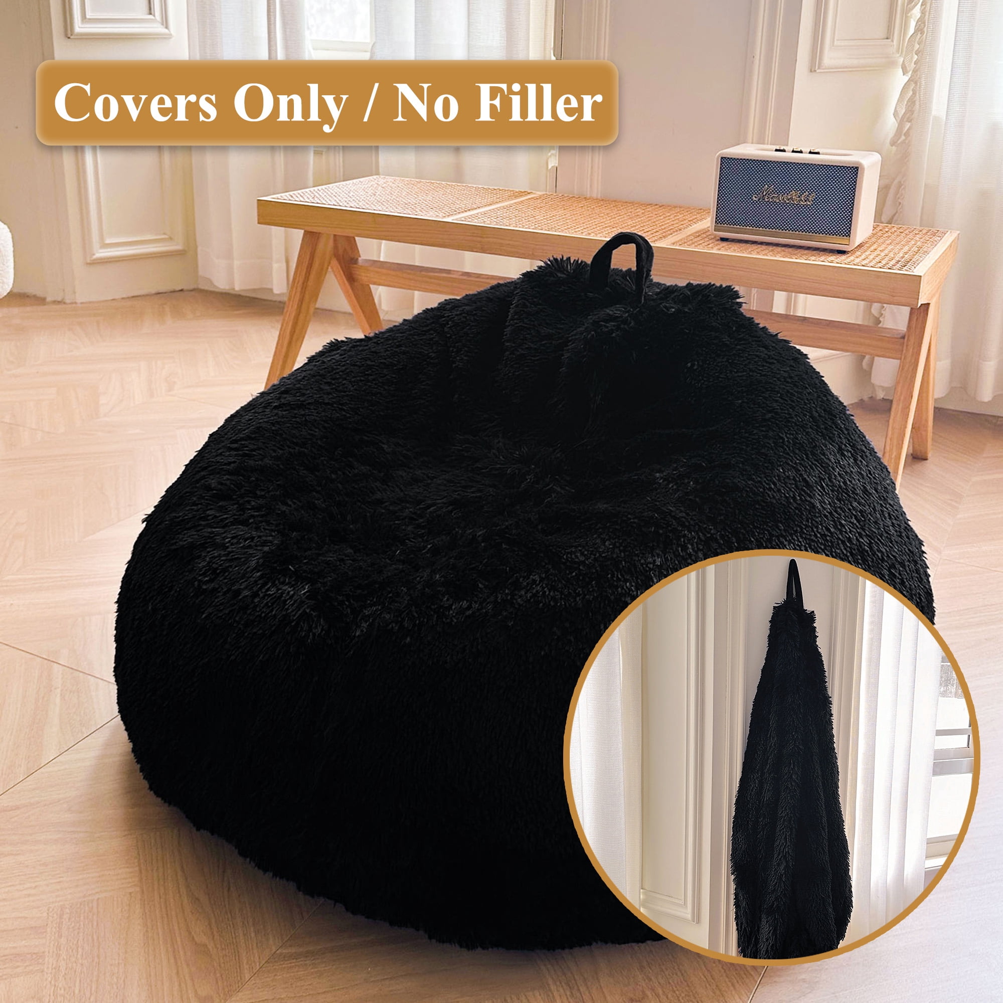 XeGe Fluffy Stuffed Animal Storage Bean Bag Chair Cover(No Filler), Faux Fur Washable Ultra Soft Bean Bag Cover for Plush Toys or Textile, Plush Shaggy Large Bean Bag for Adults Kids Teens, Black