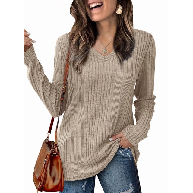 Blusas de Larga para Mujer, Camisetas con Cuello en V, Suéteres Tipo Túnica Ligeros, Moda Caqui XL