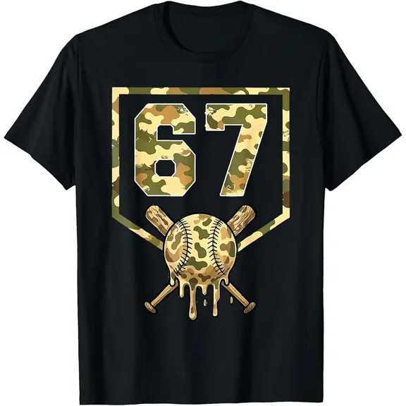Camo 67 Number Baseball Dripping Graphic for Fan Men Short Sleeve T-Shirt