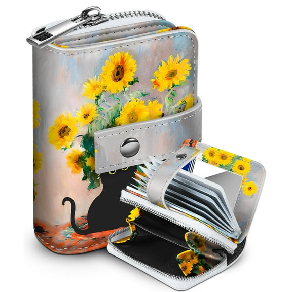 Gemfits Wallets Organizer Purse Girly Aesthetic Unique Zipper Credit Card Holder for Women Ladies Cute Small Teen Girls Female Rfid Leather,Flower Cat