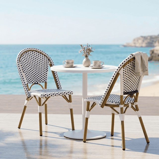 Outdoor PE Ratten and Aluminum French Bistro Chairs, Set of 2, Rusted Black & White, Bamboo Print Finish
