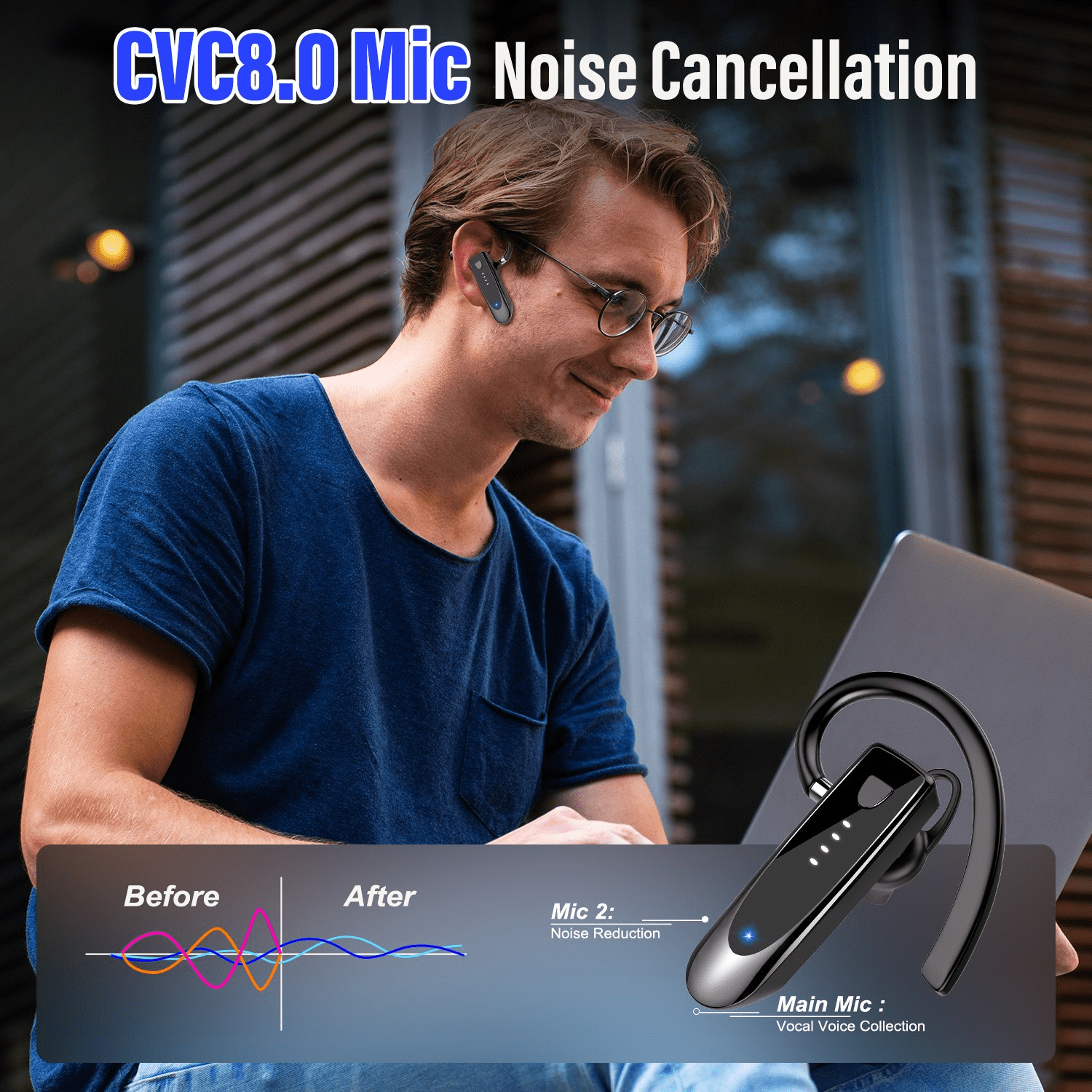 Bluetooth Headset V5.4, Single-Ear Wireless Earpiece with ENC Noise Canceling Mic, 20Hrs Call Time Handsfree Wireless Earbuds, 180 Hrs Standby Time Headphones for iOS Android /Office/Drivin