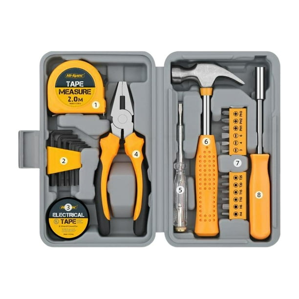 Kit de herramientas para el hogar de 24 piezas, llave hexagonal de acero al carbono, cinta métrica, herramientas mecánicas y Amarillo