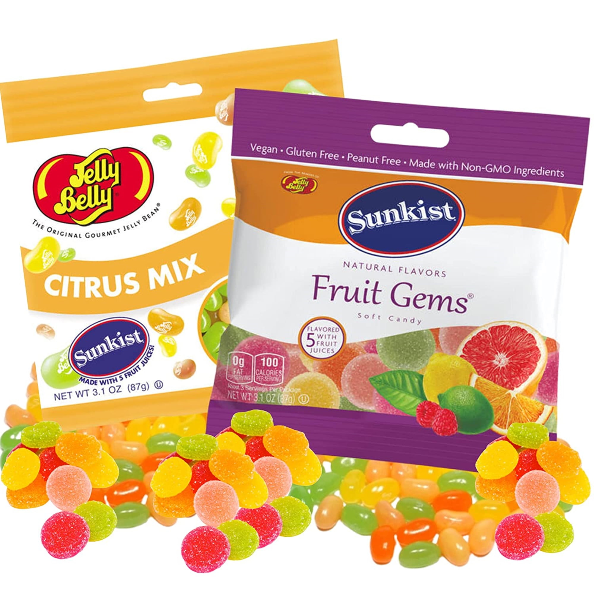 Sunkist Fruit Gems and Citrus Mix Jelly Belly Jelly Beans Candy Assortment, Lemon, Orange, Lime, and Grapefruit Gummies, Bagged Citrusy Candies, Pack of 2, 3.5 Ounces