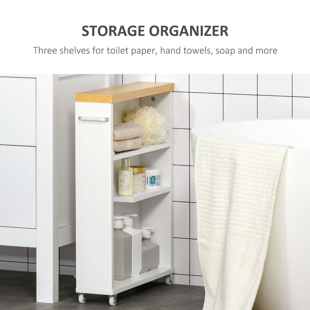 Slim Rolling Bathroom Storage Cart with 3 Open Shelves, Mobile Narrow Toilet Gap Organizer Cabinet on Wheels P2 Particleboard Space Saving Side Storage Unit