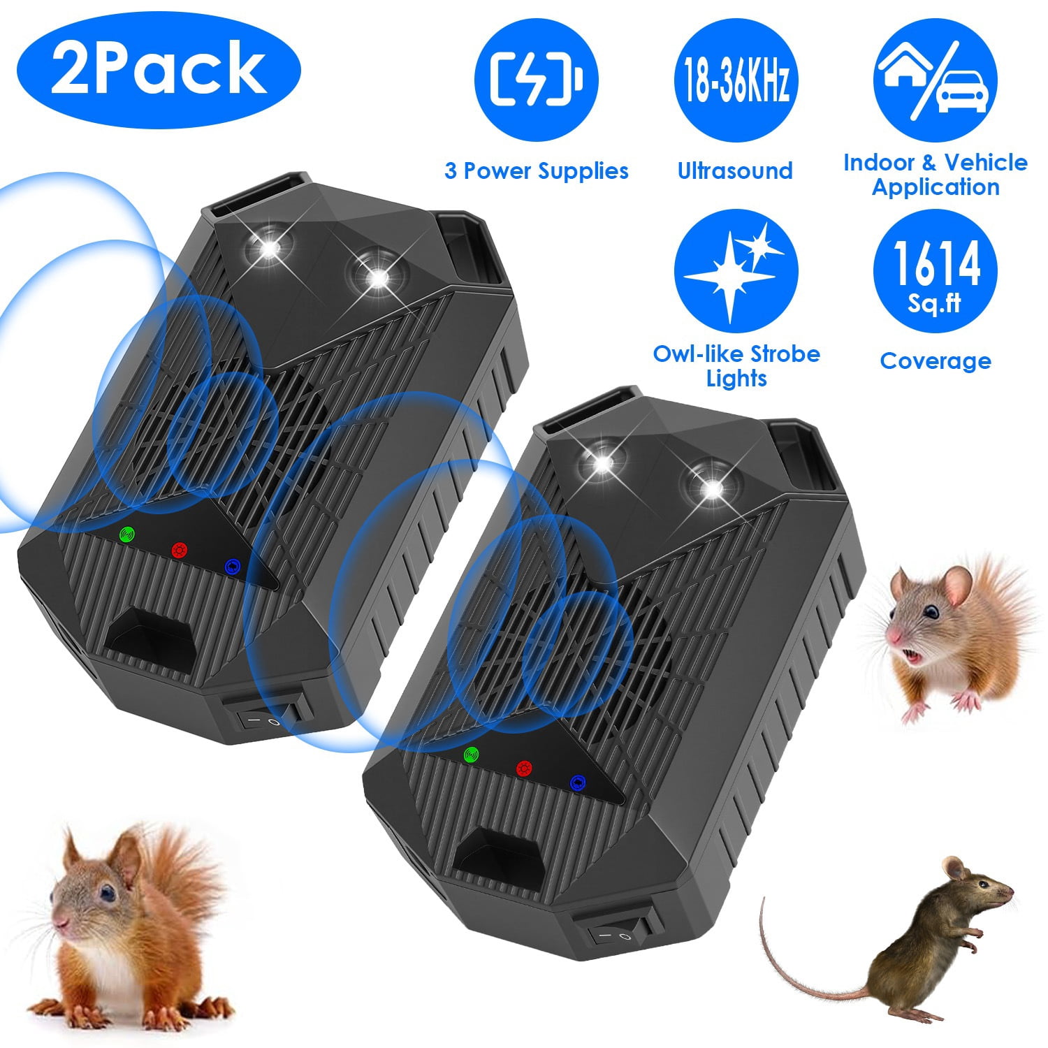 Zorpupoa 2 Pack Ultrasonic Pest Repeller, Under Hood  with Strobe Light 3 Power Supplies for Car Garage Basement