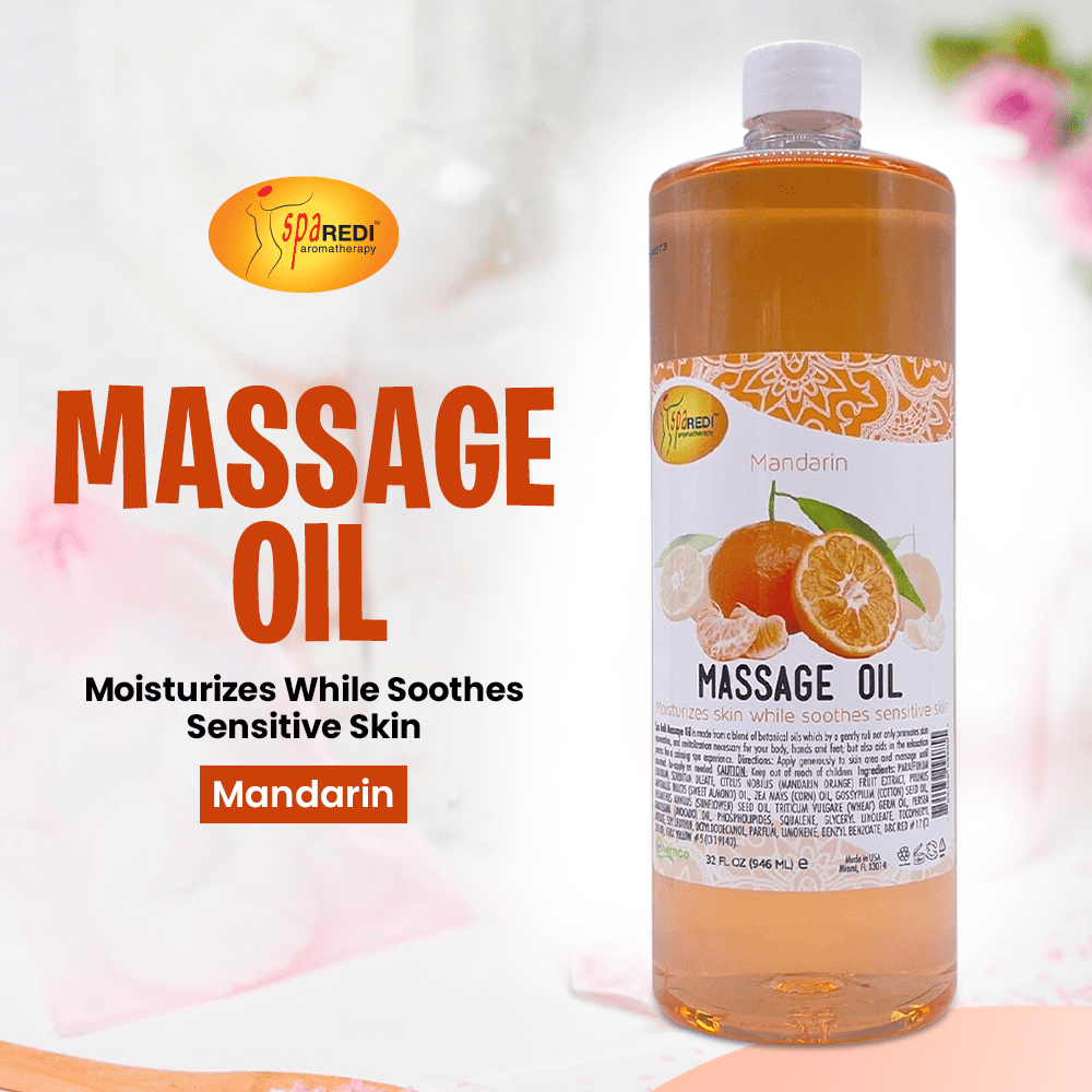 SPA REDI - Massage Oil, Mandarin, 32 Oz - Professional Full Body Massage Therapy, Manicure, Pedicure - Relax Sore Muscles and Repair Dry Skin, Enhanced with High Absorption Oils and Vitamin E