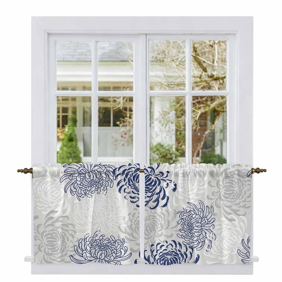Blue White Tier Curtains, Abstract Grey Chrysanthemum Flower Floral Light Filtering Kitchen Curtains, 2Pcs Rod Pocket Half Window Treatments Panels for Sink Cafe Cabinet Camper 27.5x36 Inches