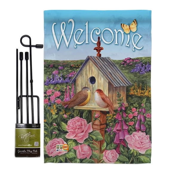 Breeze Decor BD-SH-GS-100049-IP-BO-D-US12-AM 13 x 18.5 in. Welcome Bird House Inspirational Sweet Home Impressions Decorative Vertical Double Sided Garden Flag Set with Banner Pole