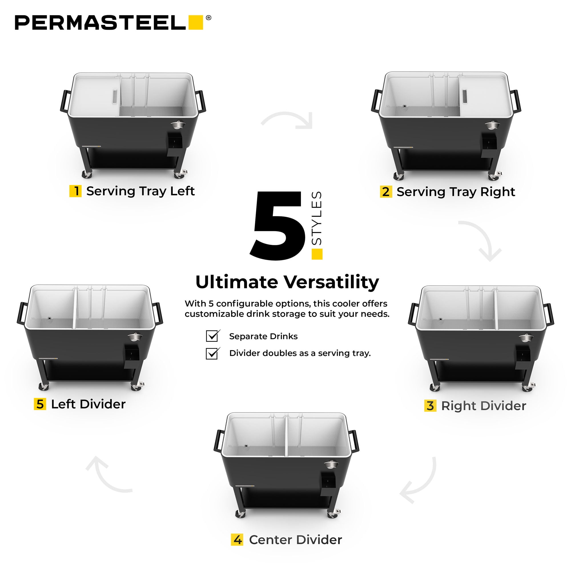 Permasteel Party Cooler with Divider, Removable Basin, Spacious 80-Qt Capacity, Chills 36hrs, Serving Tray, Rolling Ice Chest for Indoor & Outdoor, Matte Black