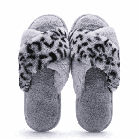 

JUSTUP Ladies Animal Leopard Plush Cross Band Slippers With Memory Foam Insole（9-10）