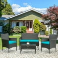 thumbnail image 1 of Gymax Ensemble de Mobilier d'Extérieur 4 Pcs, Ensemble de Conversation en Rotin pour Patio avec Coussin Turquoise, 1 of 10