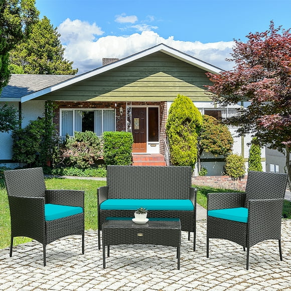 Gymax 4PCS Outdoor Furniture Set Patio Rattan Conversation Set w/ Turquoise Cushion