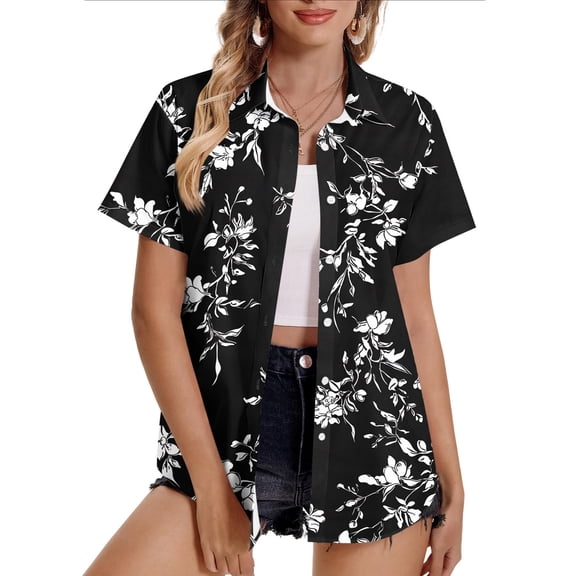 QUNYINEY Women Button Down Shirts Casual Hawaiian Short Sleeve Collared Tops Floral Loose Shirts