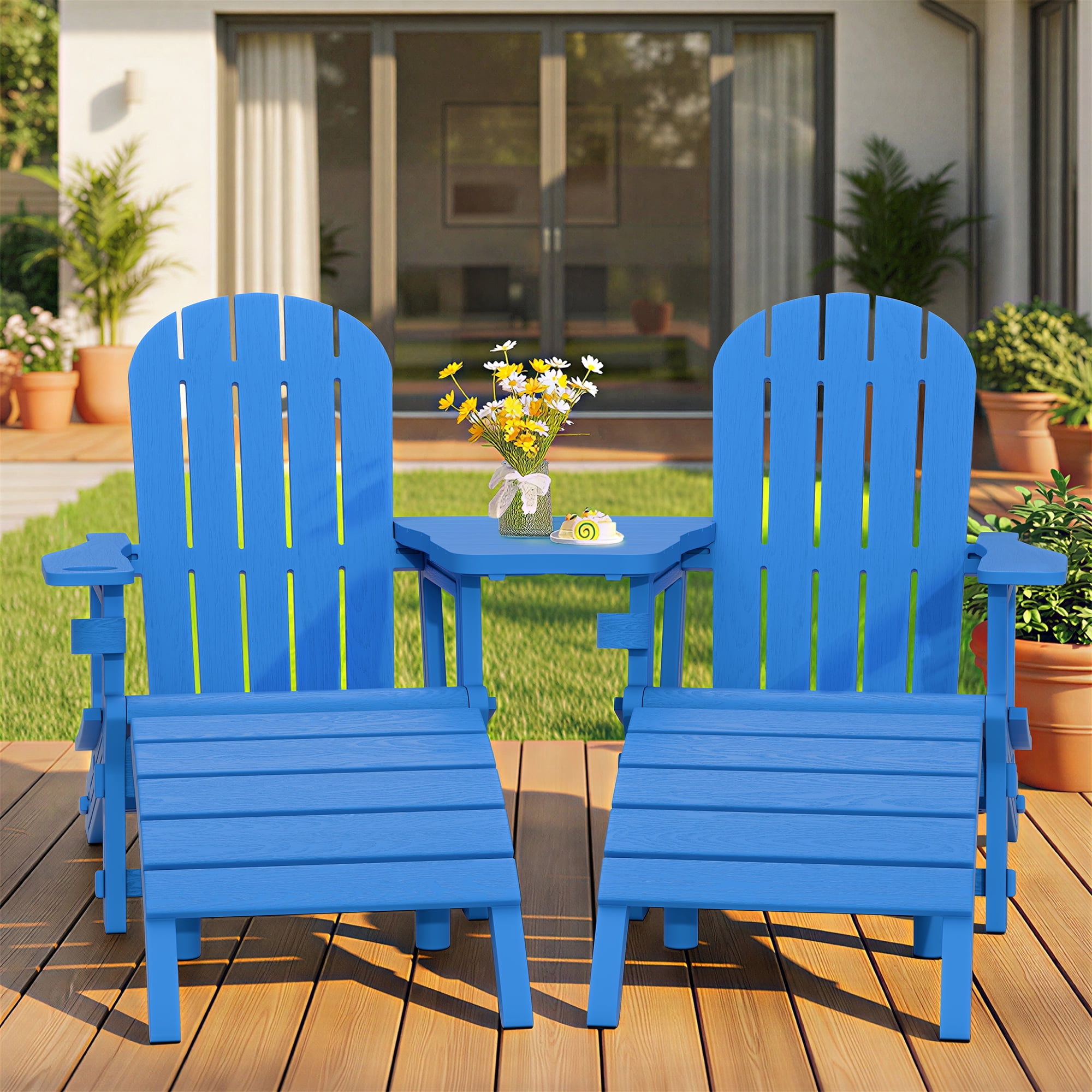 Walsunny Adirondack Chairs Set of 2 HDPE Outdoor Chair Set with Connecting Tray Cup Holder Removable Tabletop Pull-Out Footrest,All-Weather HDPE Outdoor Chair Set,Blue