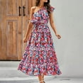 thumbnail image 4 of Taqqpue Women's One Shoulder Maxi Dress Casual High Waist A Line Flowy Tropical Print Beach Sundress Floral Ruffle Boho Vacation Wedding Guest Plus Size Long Dresses, 4 of 8