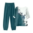 thumbnail image 7 of WTOBBY Women's Summer Fashion Two Piece Set Half Sleeve Printed Tops with Elastic Waist Nine Piece Pants Outfit Casual and Comfortable for Daily Wear ,Dark Blue M, 7 of 7