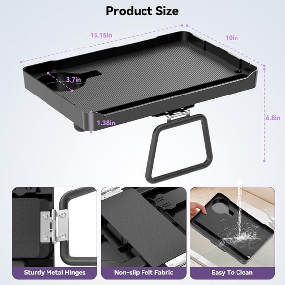 Foldable Couch Armrest Table with Cup Holder for TV, Eating, Drink - Black