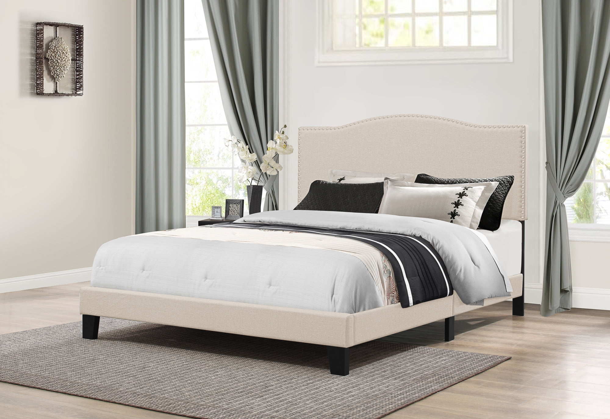 Ember Interiors Upholstered Arched Bed with Nailhead Trim, Linen, King