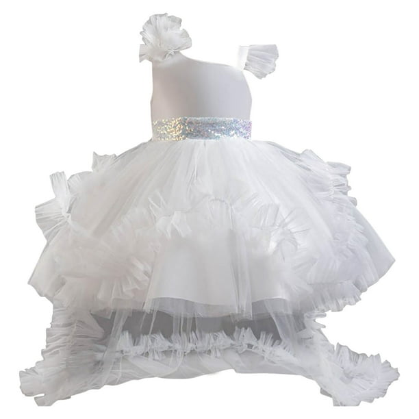 Vestido sin mangas con cuello redondo para niña, elegante, de malla con purpurina, con lazo irregular y degradado de colores, falda de poliéster.