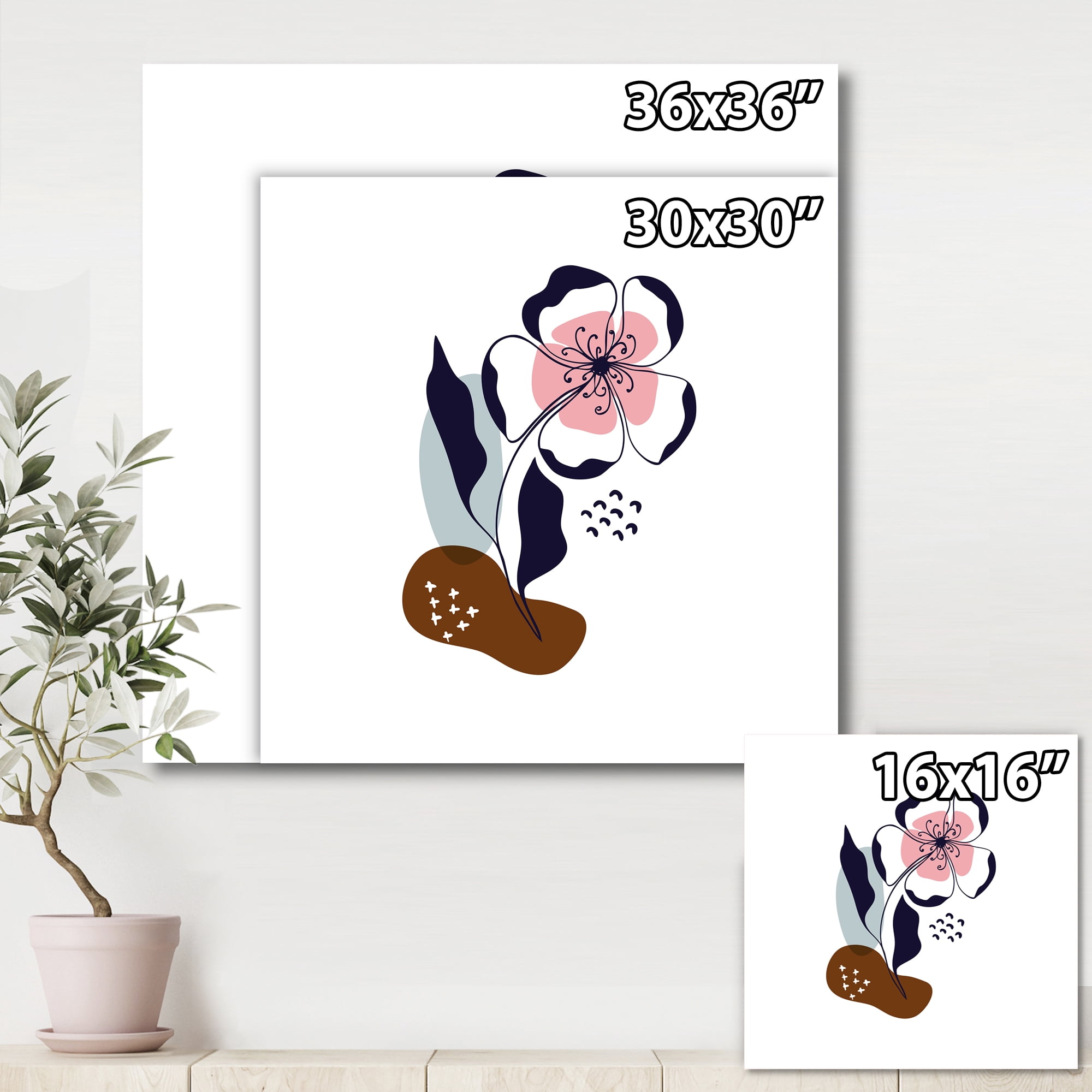 Abstract Minimal Shapes Under Flowers IV 16 in x 16 in Painting Canvas Art Print, by Designart