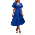 thumbnail image 1 of VISgogo Vestido Midi Elegante de Verano para Mujer, Vestido de Manga Corta con Cuello en V de Color Sólido con Cinturón para Fiesta en la Playa VISgogo  moda, 1 of 4