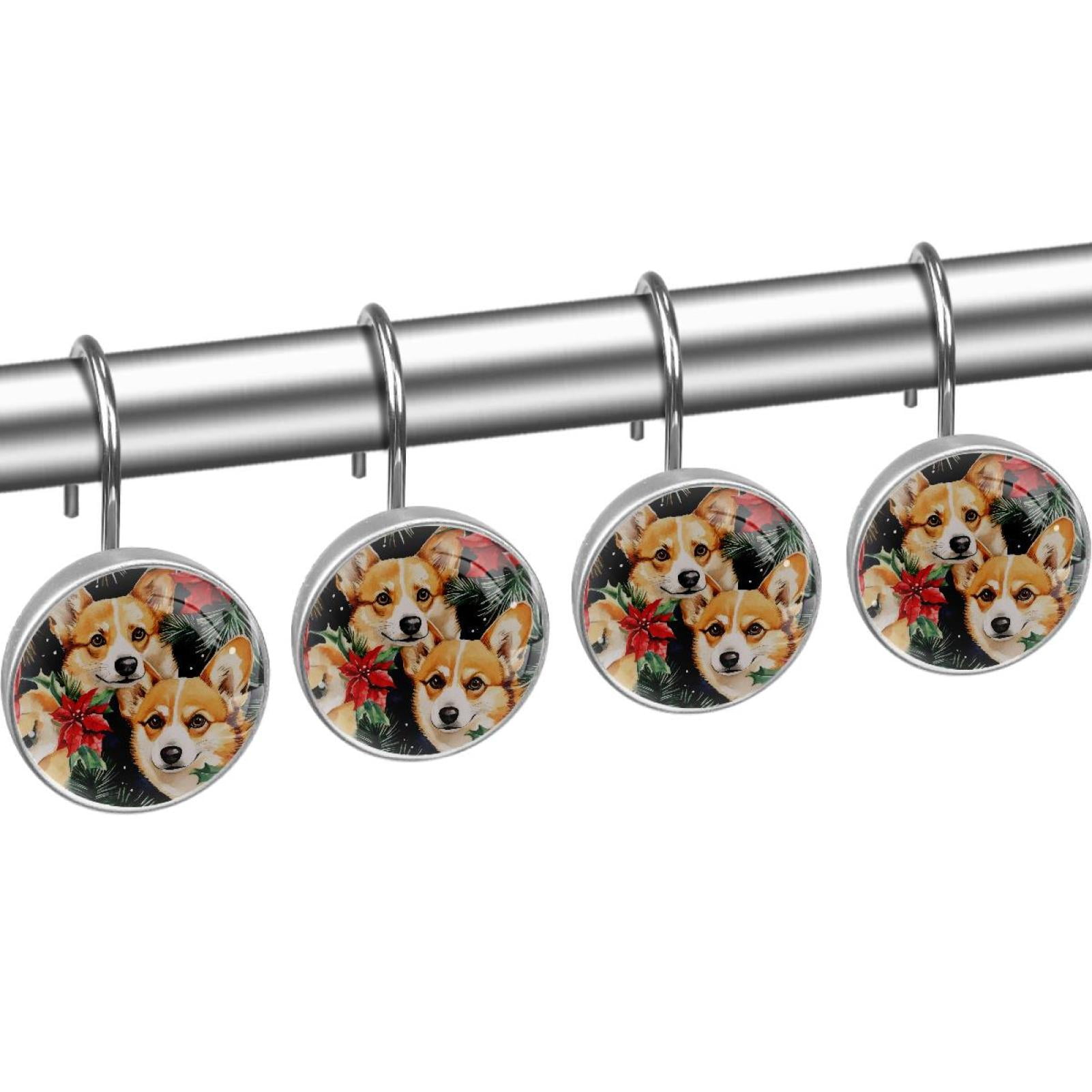 Red Poinsettia Berry Corgis Shower Curtain Hooks Round Crystal Glass, Set of 12 Shower Curtain Rings - Shower Hooks for Curtain Shower Rings