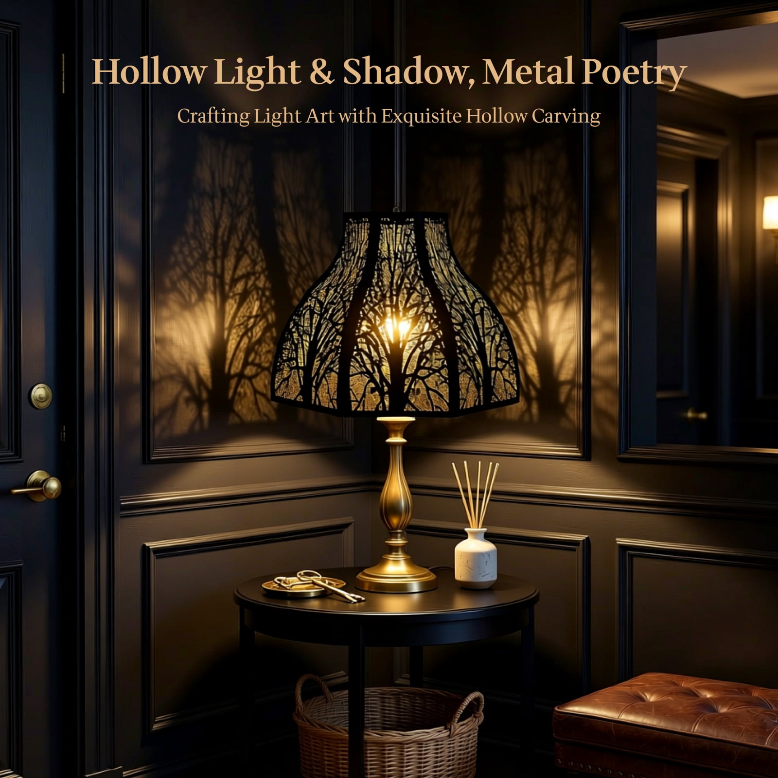 SWAIFDEE Octagonal Lotus Metal Lamp Shade Etched Forest Outer Black Inner Gold 5.32x13x9.5in Spider Fitter for Table Lamp Floor Lamp