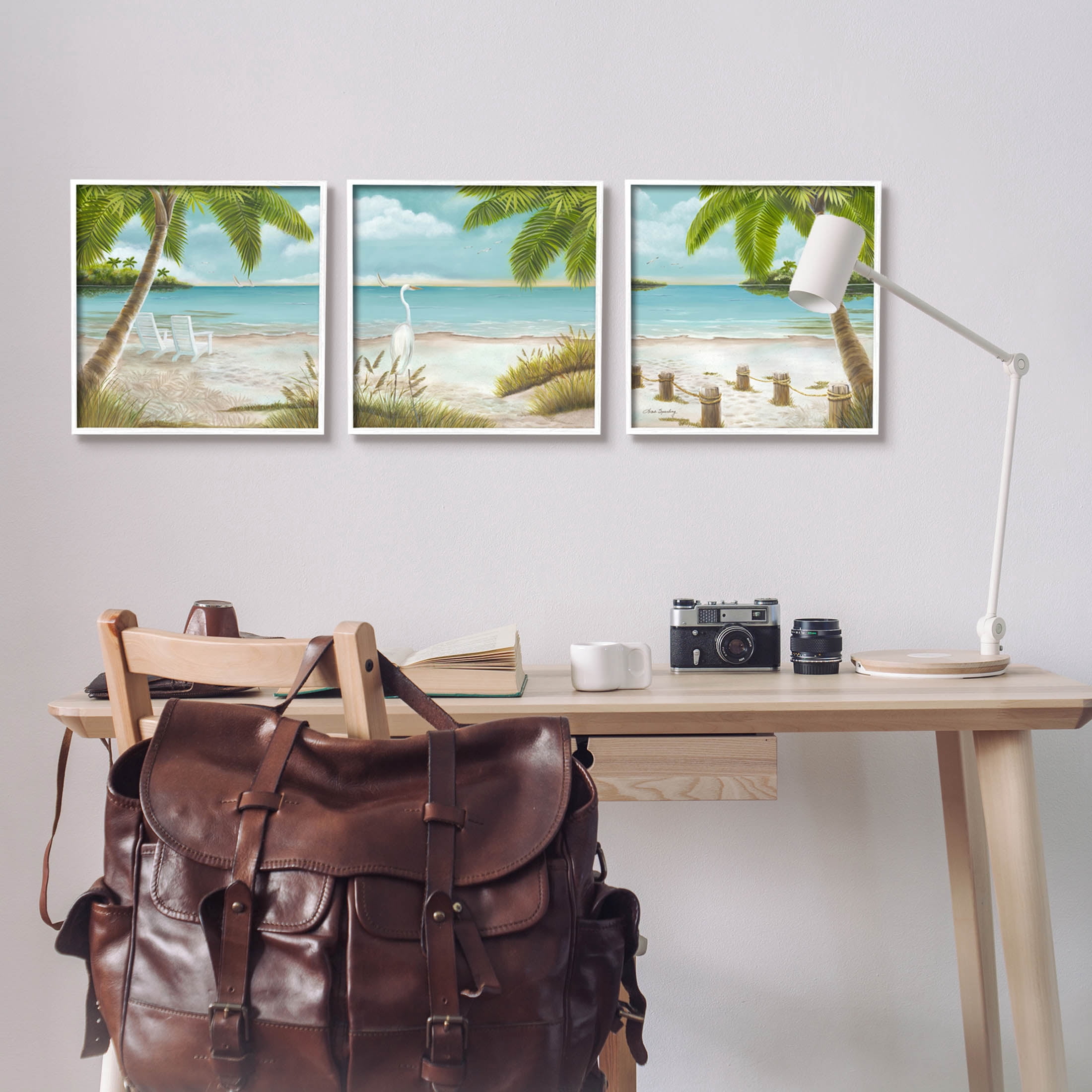 Tropical Summer Beach Getaway Shore Coastal Graphic Art White Framed Art Print Wall Art, Set of 3