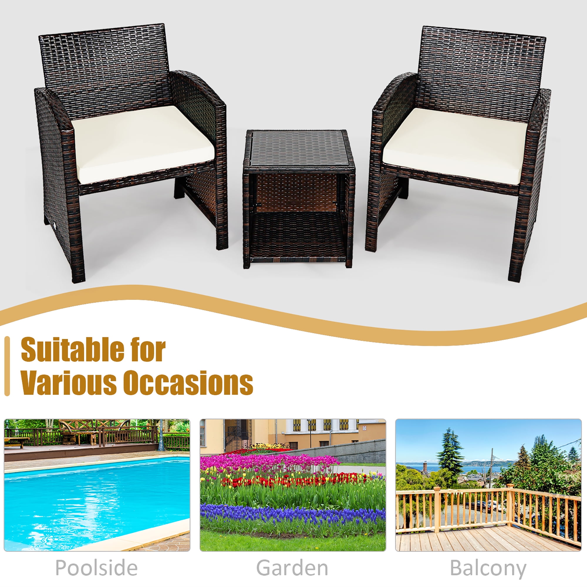 Costway 3PCS Patio Rattan Wicker Furniture Cushion Sofa Coffee Table White