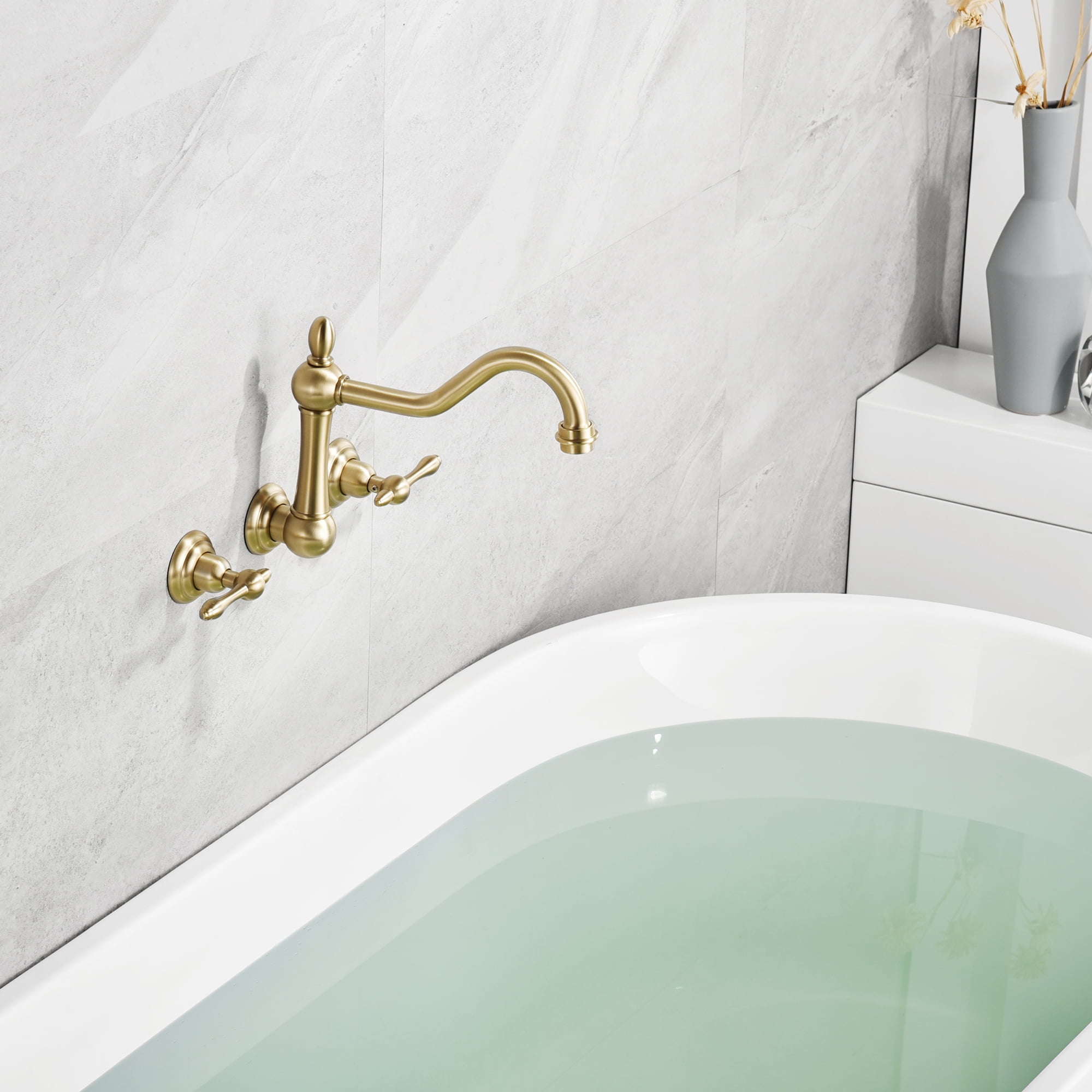 sumerain Vintage Wall Mount Tub Faucet, 8 Inches Center 3 Hole Bathtub Filler Brushed Gold