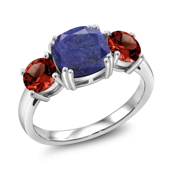 Gem Stone King 925 Sterling Silver Blue Lapis and Red Garnet 3 Stone Engagement Ring for Women (4.00 Cttw, Gemstone, Cushion 8MM, Size 6)