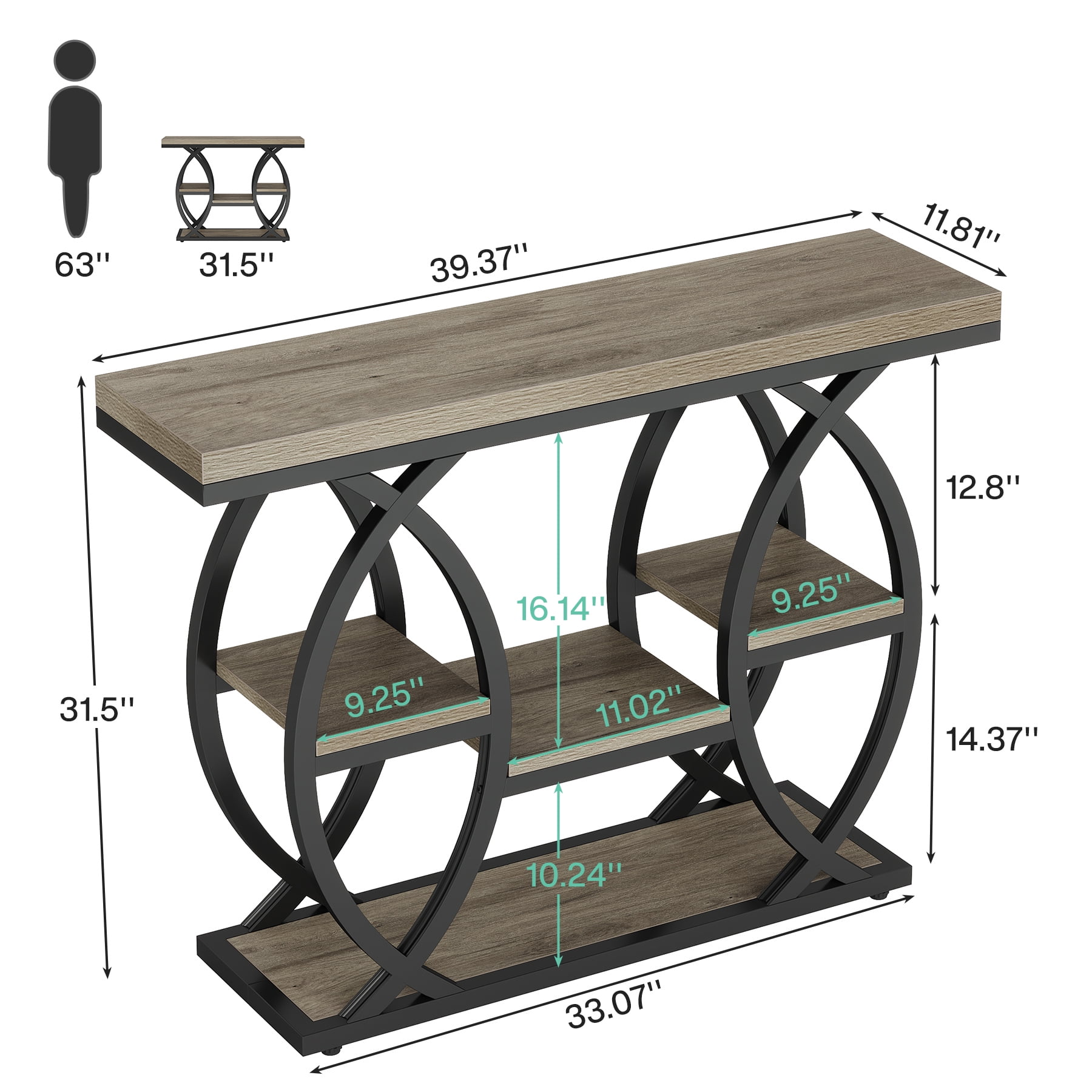 Fnova 39.4" Industrial Console Table, 4-Tier Retro Staggered Storage Shelves, Narrow Wood Accent Table with Metal Frame, for Small Spaces, Entryway, Sofa, Hallway