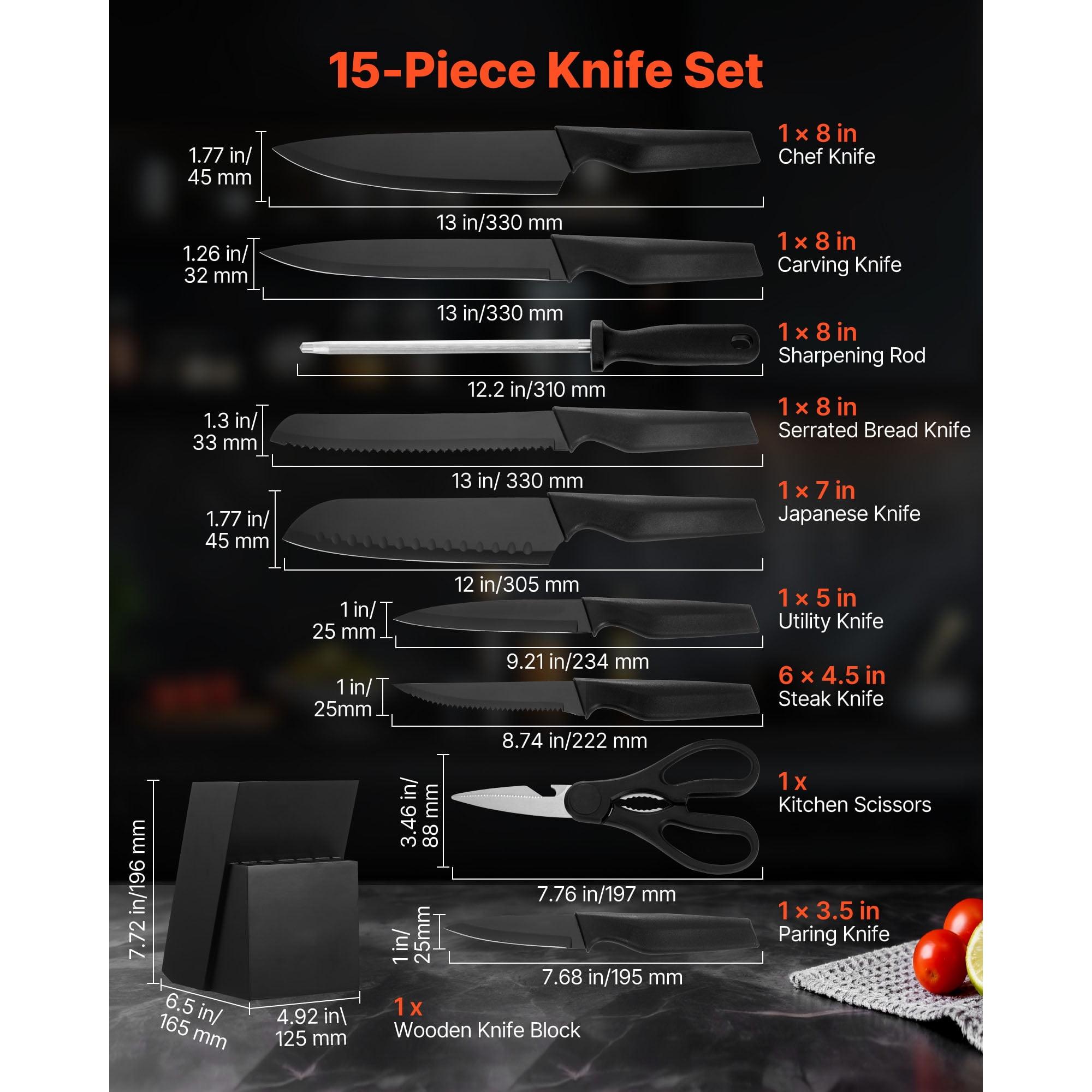 KFFKFF 15-Piece Kitchen Knife Set with Wooden Block and Sharpener, High Carbon Stainless Steel Blades, Ergonomic Handles, Sharpening Rod, Ideal for Home Cooking