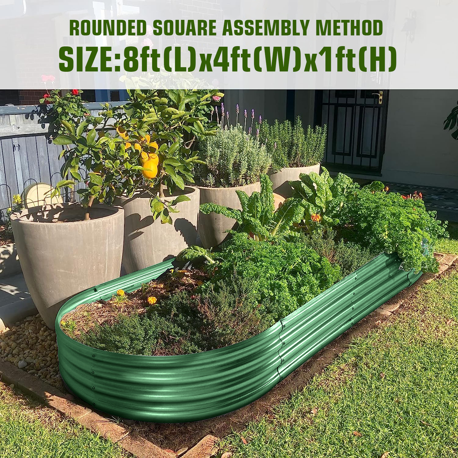 Land Guard 8x4x1ft Galvanized Metal Raised Garden Bed Kit,Oval Planter Box Outdoor for Vegetables,Fruits and Flowers,Forest Green