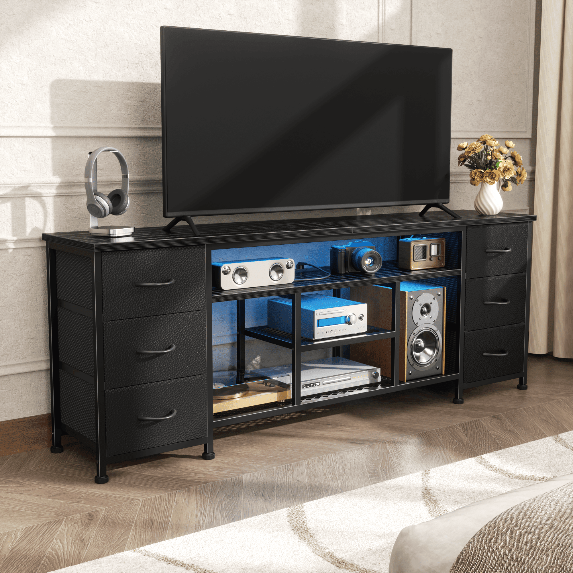 Tydimor Modern TV Stand for 65-70 inch TVs, LED Entertainment Center with Power Outlets and 6 Drawers, Media Console with Storage for Living Room, Black
