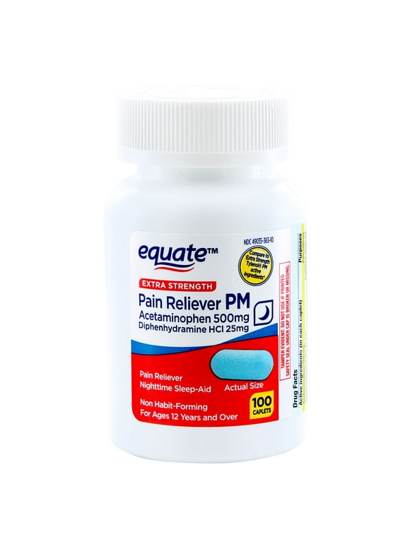 Equate Extra Strength Acetaminophen PM Caplets, Pain Reliever and Nighttime Sleep Aid, 100 Count