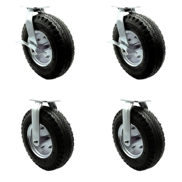 12 Inch Swivel Pneumatic Casters Set of 4 - Black Rubber Wheels - Includes 2 Swivel with Brakes and 2 Rigid - Heavy Duty Casters - 1,800 lbs. Total Capacity - Service Caster Brand