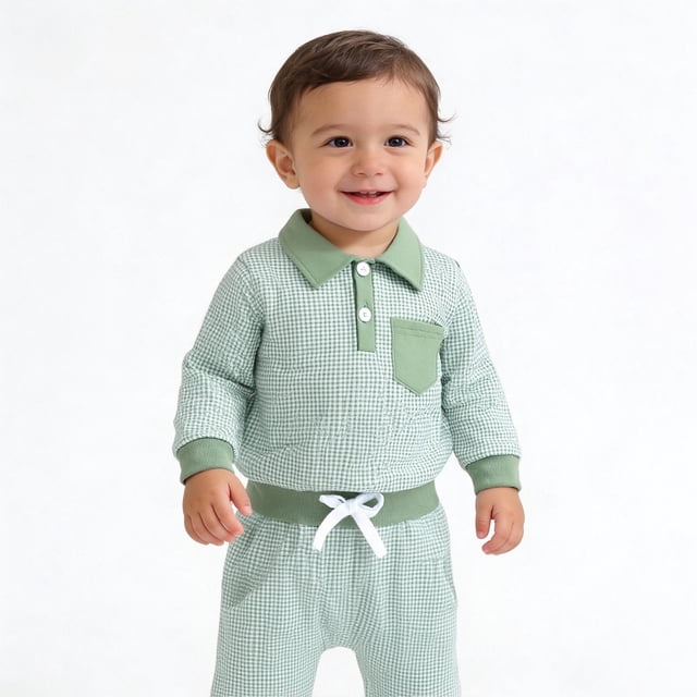 Conjunto de cuello vuelto de manga larga para niño, mono de otoño e invierno para niño y niña, conjunto de cuello vuelto de manga larga con botones para bebé, top de poliéster para niño