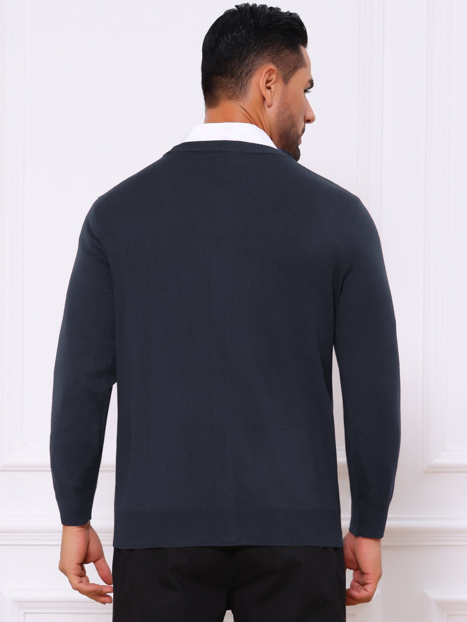 DARING DIVA Men's V Neck Long Sleeved Button Down Knit Sweater with Pockets L Navy Blue