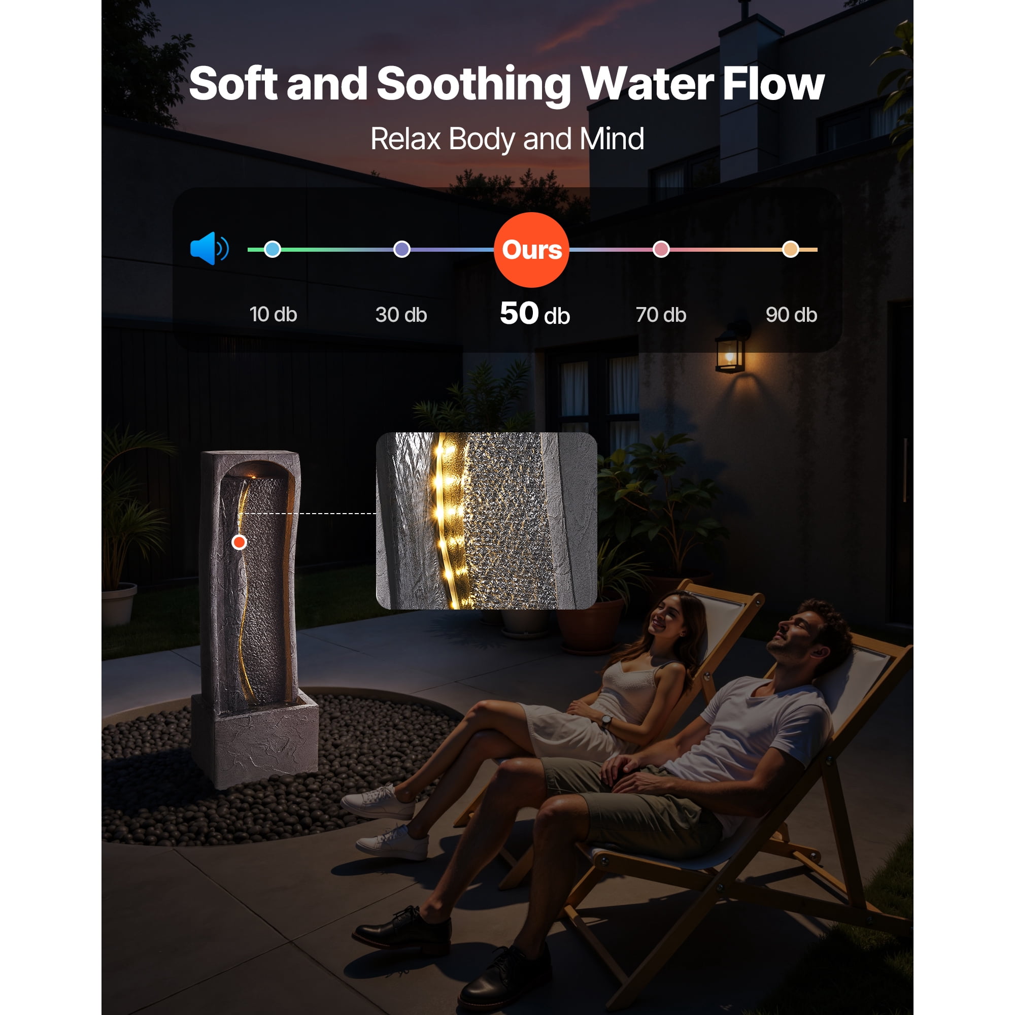 KFFKFF Outdoor Water Fountain, 38.58-Inch Tall with LED Light and Pump, 1-Tier Floor Standing Rock Base Design for Garden, Home, Patio, and Backyard Use